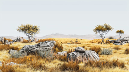 Savanna Landscapes: Faded Grass and Rocks 