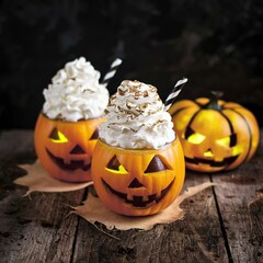 Halloween cold pumpkin cocktail or drink with jack o'lantern face and whipped cream