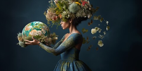 Girl in a green dress holding planet Earth in a bouquet of flowers. Earth Day. Poster on the theme of ecology and environmental protection