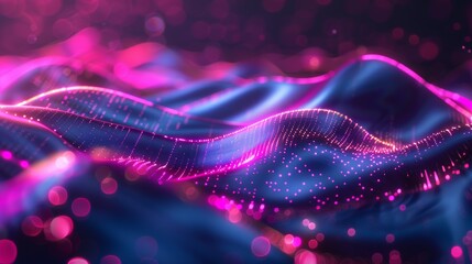 Pink and blue glowing 3D landscape with a smooth surface and a lot of glowing particles. - obrazy, fototapety, plakaty
