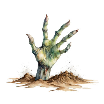 recommend clip art: A creepy zombie hand reaching out from the ground covered in dirt watercolor illustration clipart isolated, Halloween scary haunted fingers