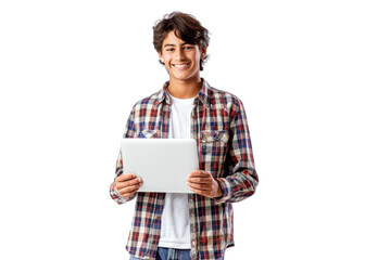 Young Man with Tablet on Clear Background - obrazy, fototapety, plakaty