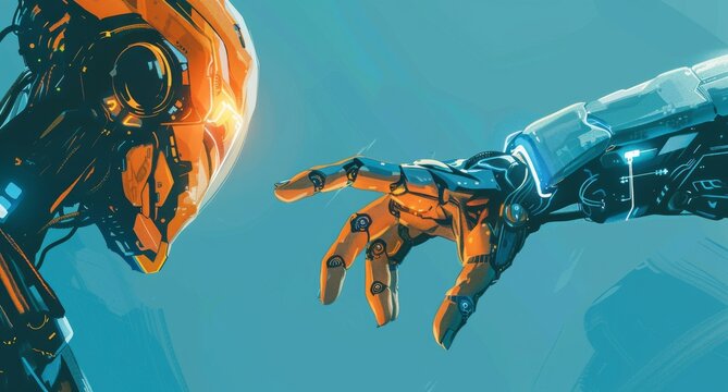 Fototapeta A cartoon illustration of AI robot and human touching hands together, symbolizing collaboration in digital age. background is blue with white geometric patterns technology.