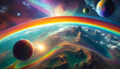 宇宙と惑星と大陸、虹のイメージ