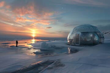 Fototapeta na wymiar Arctic Sunset: A Solitary Figure by a Glacial Dome Home