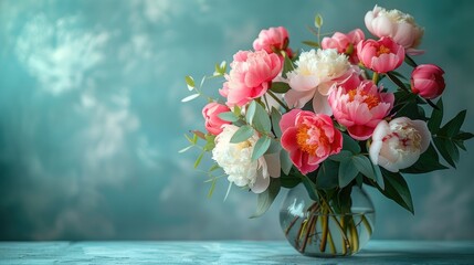 white and pink peonies paired with fragrant eucalyptus, artfully arranged in a flat lay composition against a pristine white background, offering ample space for text or product display.