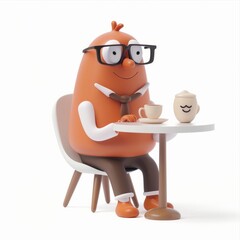 3D Render of a clay animation character enjoying a cup of coffee at a cafe, on isolated white background, Generative AI