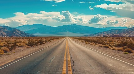 A straight open highway leading towards distant mountains under a vast blue sky, flanked by desert vegetation.
