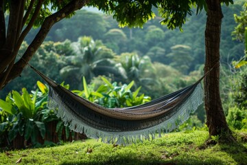 A hammock hanging from two palm trees in a tropical paradise.