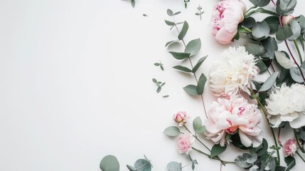 white and pink peonies paired with fragrant eucalyptus, artfully arranged in a flat lay composition against a pristine white background, offering ample space for text or product display.