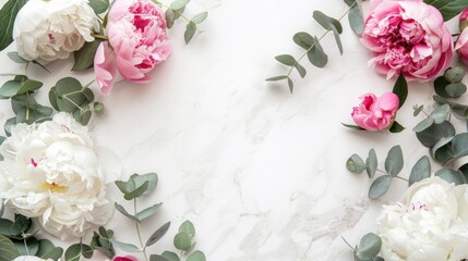 white and pink peonies paired with fragrant eucalyptus, artfully arranged in a flat lay composition against a pristine white background, offering ample space for text or product display. - obrazy, fototapety, plakaty
