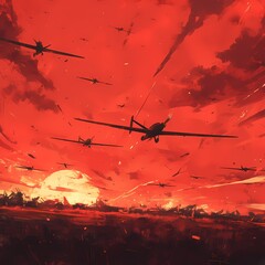 The Epic Battle of Airplanes and Planes Against a Stunning Crimson Horizon - obrazy, fototapety, plakaty