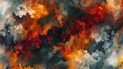 A painting of red, orange, and yellow clouds with a stormy sky.