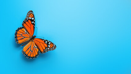 Antioxidant Monarch butterfly with wings expanded on a minimalist blue background, showcasing the...