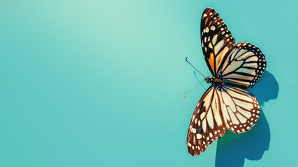 Fototapeta premium A butterfly with beautifully intricate wing patterns rests on a gradient blue background, symbolizing transformation and grace