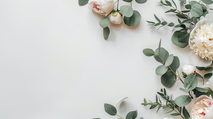 white and pink peonies paired with fragrant eucalyptus, artfully arranged in a flat lay composition against a pristine white background, offering ample space for text or product display. - obrazy, fototapety, plakaty