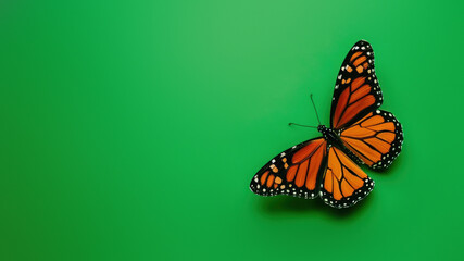 A vivid image of a Monarch butterfly in sharp focus on a seamless green background, portraying...