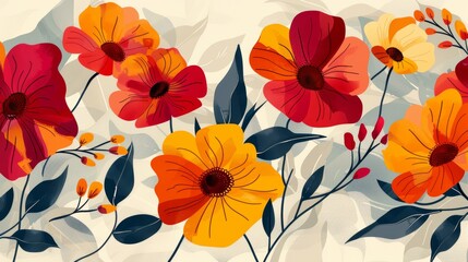 A seamless pattern with a floral motif. The pattern features large, colorful flowers with multiple petals. The flowers are arranged in a repeating pattern on a light background.