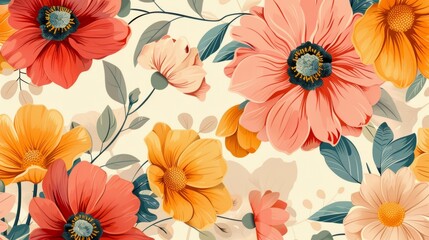 A seamless pattern with a variety of flowers, including red, pink, and yellow. The flowers are arranged in a repeating pattern on a light beige background.