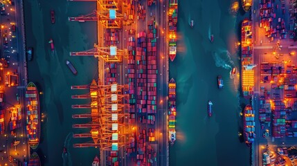 A stunning aerial view of a bustling seaport, with massive cargo ships unloading goods and containers stacked high on bustling docks.