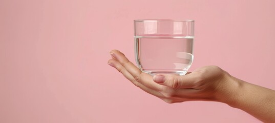 Side view of hand holding water glass on pastel background with ample space for text placement