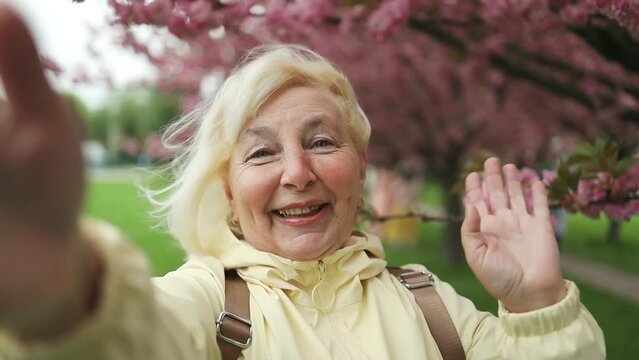 Beautiful happy traveler senior 50s woman taking selfie in park with blossoming sakura trees. Travel spring season of Japanese flower concept,