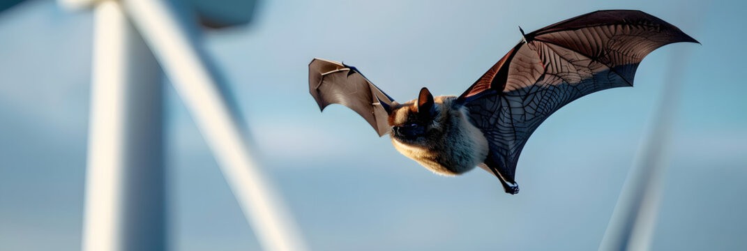 Bat flying torward to a wind turbine