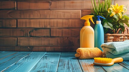A variety of cleaning supplies are arranged on a wooden table. - obrazy, fototapety, plakaty
