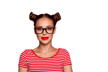 Closeup portrait of confident face young woman with red lips and big brown eyes in eyeglasses look at camera and smiling isolated on red background