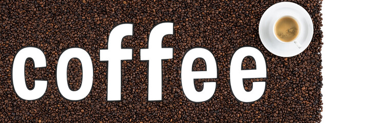Transparent word Coffee on a background of coffee beans, mockup for advertising.