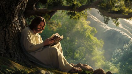tableau as Jesus, adorned in robes, sits beneath a tree, clutching the Bible in prayer, in a poignant depiction from 200 BC.