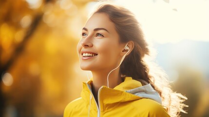 Caucasian young woman during a walk in the autumn park. Walk in the fresh air with your favorite music in headphones, away from the noise of the big city.