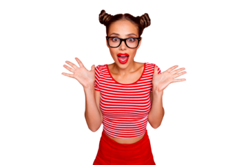 SALE! Portrait of shocked face surprised girl with wide open mouth and eyes in eyewear gesturing with palms near face isolated on red background
