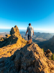 A tourist man at the top of Pico de las Nieves in Gran Canaria, Canary Islands - obrazy, fototapety, plakaty