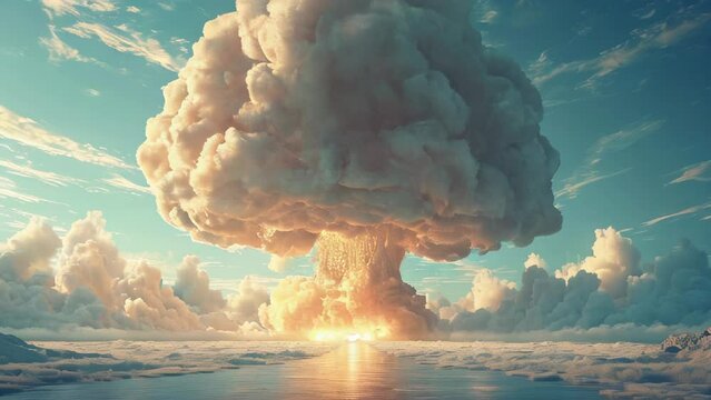 A large cloud of smoke is rising from the ground, with the sun shining through it. The sky is filled with clouds, and the water is calm. The scene is peaceful