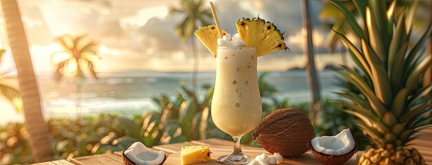 a Pina Colada cocktail adorned with coconut and pineapple, presented on a rustic wooden board, evoking the essence of a tropical summer getaway. - obrazy, fototapety, plakaty