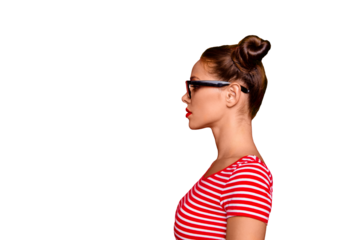 Half-faced side profile view portrait of serious and confident young woman in striped shirt and spectacles isolated on red vivid background with copy space