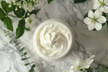 Close up of face cream with jasmine flowers on marble background