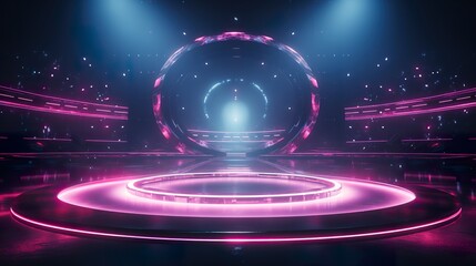 Focus on circular minimalist stage with neon lights, seapunk lights, detailed textures, turquoise and magenta futuristic scene - obrazy, fototapety, plakaty