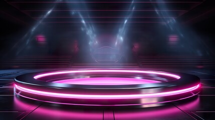 Focus on circular minimalist stage with neon lights, seapunk lights, detailed textures, turquoise and magenta futuristic scene