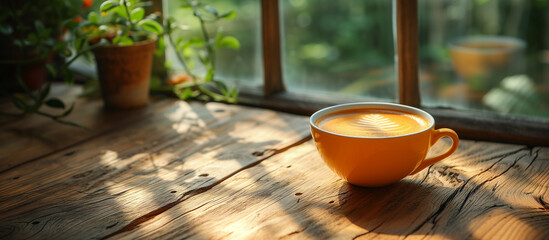 Fresh cup of coffee cappuccino for breakfast. Morning light.	
