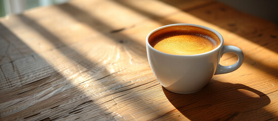Fresh cup of coffee espresso or americano for breakfast. Morning light.	
