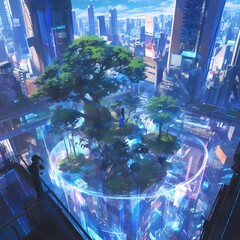 A captivating elevated Zen garden amidst the neon lights of a futuristic cityscape.