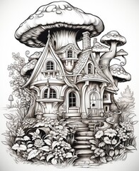 Whimsical mushroom-shaped house surrounded by trees and a winding path in a forest setting.