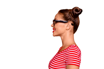 Half-faced side profile view portrait of happy confident woman dressed in striped shirt and spectacles isolated on red background with copy space for text