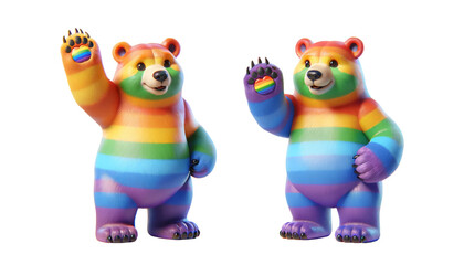 Two bears are standing next to each other, Pride Month and Day, LGBTIQ+ , 3d render, clipart, isolate on white background.