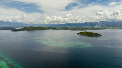 Aerial drone of blue sea and Negros island view from the sea. Philippines.
