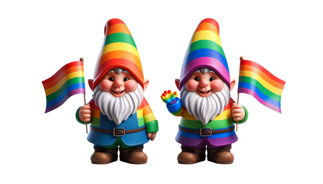 Two gnomes holding rainbow flags, Pride Month and Day, LGBTIQ+ , 3d render, clipart, isolate on white background.
