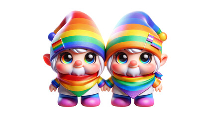 Obraz premium Two gnomes wearing rainbow hats and holding hands, Pride Month and Day, LGBTIQ+ , 3d render, clipart, isolate on white background.