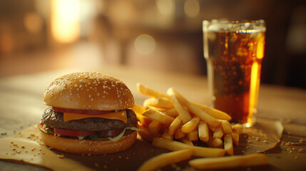 burger with fries and drink - obrazy, fototapety, plakaty